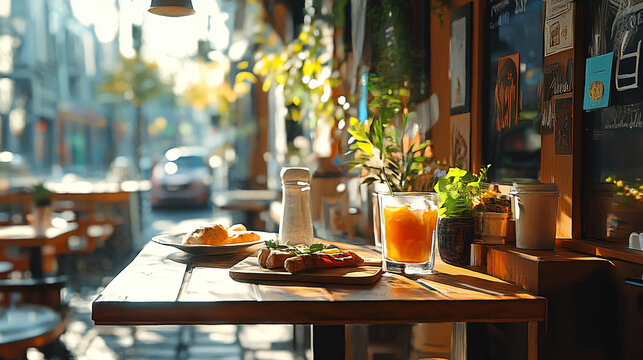 Cafe breakfast scene: croissants, juice, and open window view for a relaxing morning experience here now - Powered by Adobe