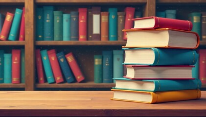 Colorful illustrations of books stacked on a table, bookshelf, paper, reading