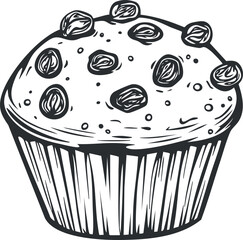 Black and white line drawing of a muffin topped with nuts or chocolate chips on a white background