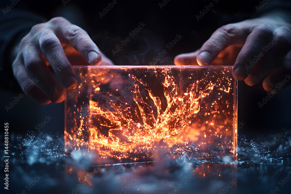Poster a glowing energy source is contained within a transparent block held by hands. could be used for sci