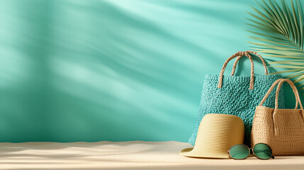 Summer beach collection display with stylish bags, hat, sunglasses on turquoise background