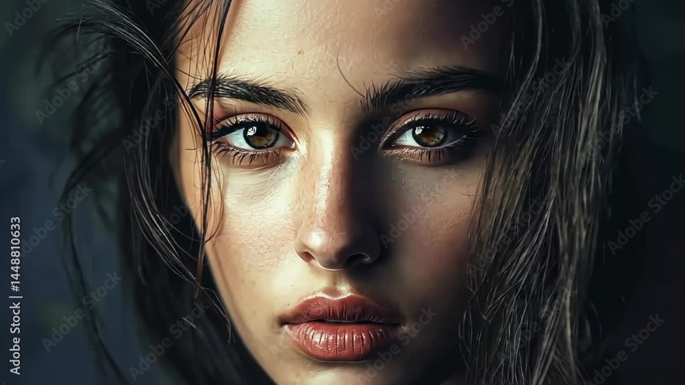 Poster Captivating gaze of a young woman with striking features and soft lighting creating an intimate atmosphere Generative AI
