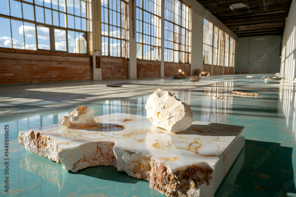 Poster an empty warehouse with large windows is the backdrop for a stone sculpture. the scene is bathed in 