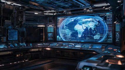 Futuristic command center with global map on digital display. Sci-fi control room concept.