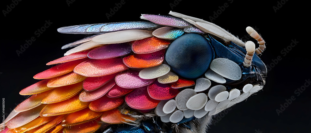 Poster a macro shot of a colorful insect head. it has iridescent scales and a compound eye. a unique image 