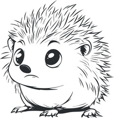 Black and white cartoon illustration of a cute hedgehog with large eyes and spiky fur