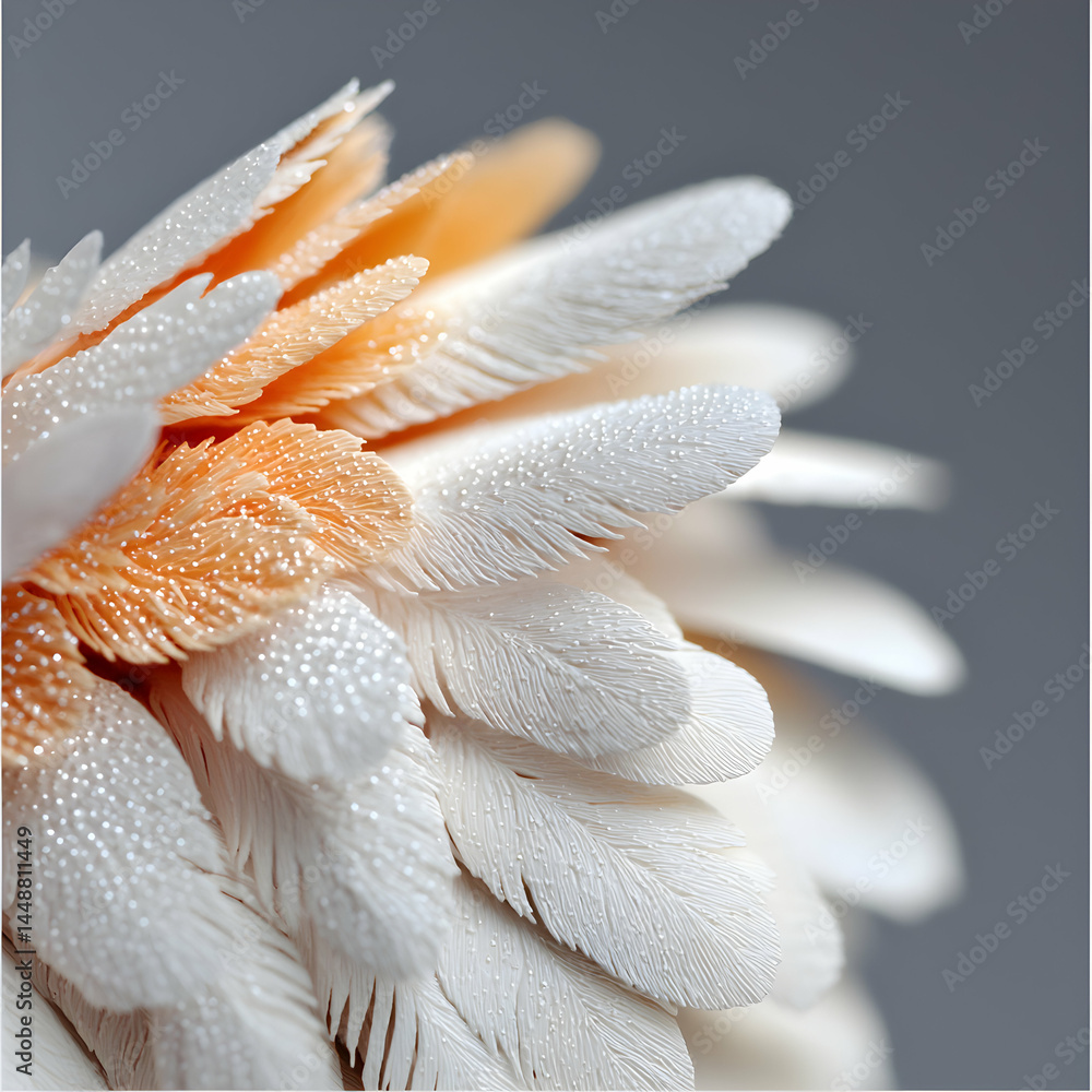 Poster close-up of delicate layered feathers or petals with dew. suggests use in art design. ideal for text