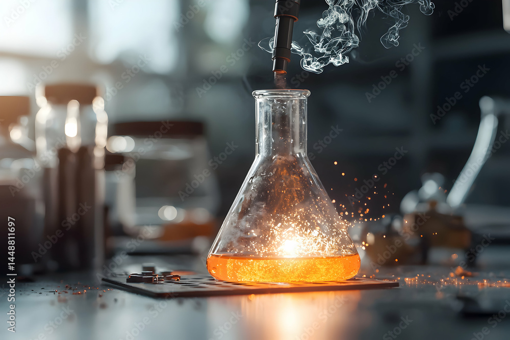 Poster an abstract lab scene features a flask with glowing liquid sparking and smoke. ideal for science art