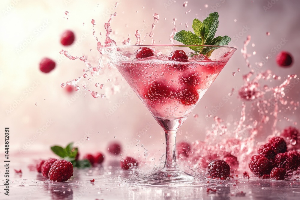 Poster raspberry splash: refreshing pink drink in motion capturing a moment of sparkling flavor