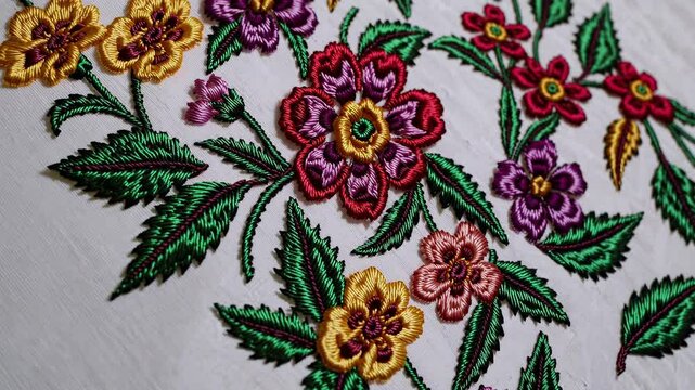 Intricate floral embroidery adorning white fabric, revealing delicate needlework patterns in vibrant colors