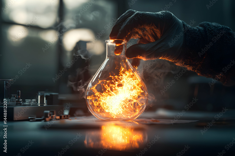 Poster a lab flask glows with energy held by a gloved hand. the image suggests scientific experimentation a