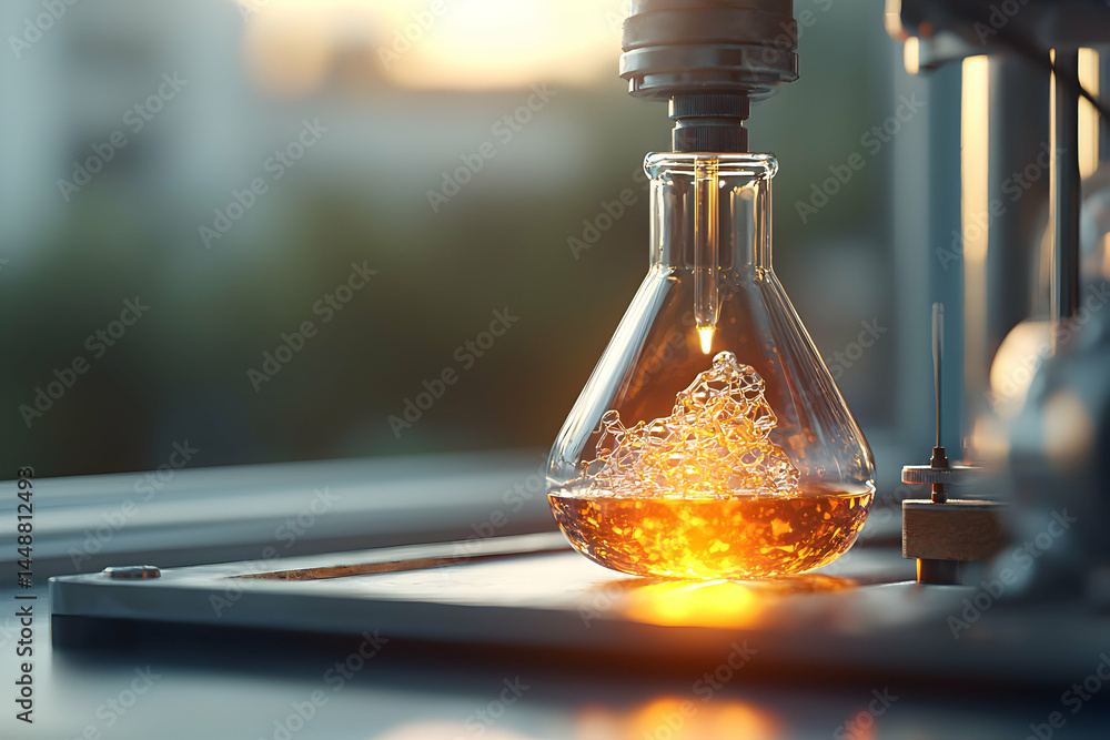 Poster a laboratory flask with a bubbling liquid illuminated from within. the image suggests scientific res