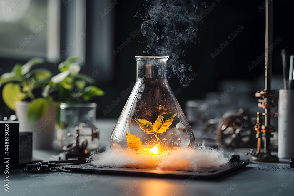Poster a science-themed image of a flask with glowing leaves and wisps of smoke. perfect for illustrating i