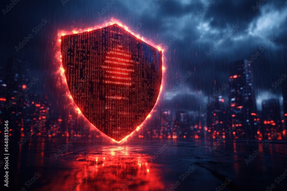 Poster glowing cybersecurity shield against binary attack in a cityscape under rain