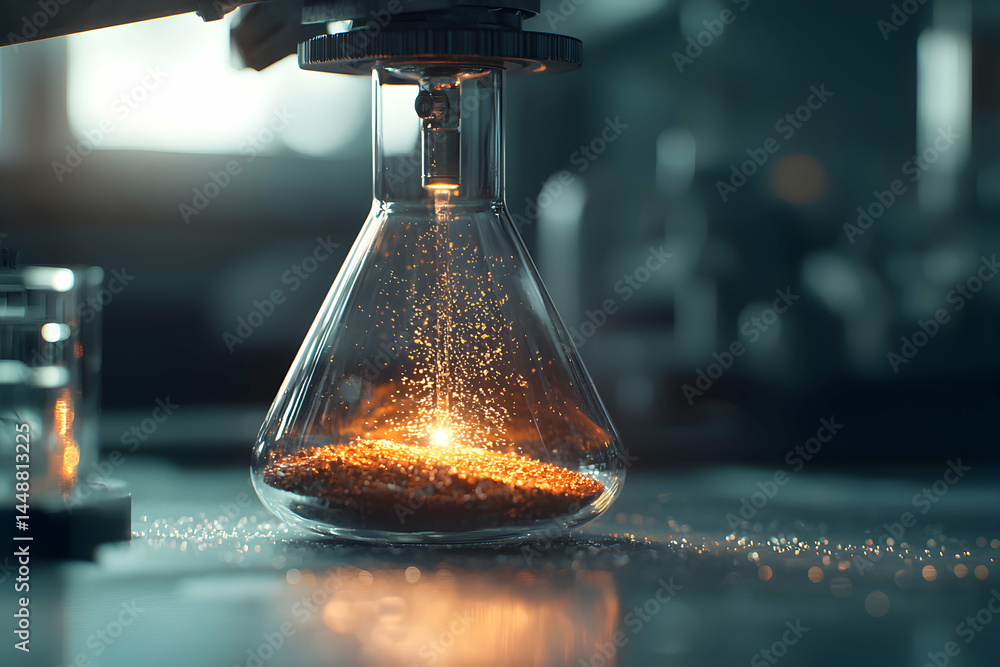 Poster a scientific laboratory setting features a flask with glowing particles. it looks like a chemical re
