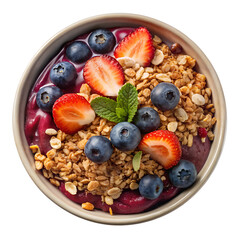 Delicious acai bowl with fresh fruits and granola topping here isolated on transparent background.