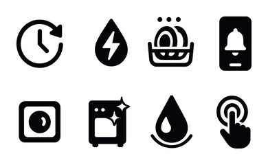 Home appliance maintenance icons set &ndash; solid style energy efficiency and smart home symbols: timer, water drop, dishwasher, notification, power button, washer, sparkle, efficiency