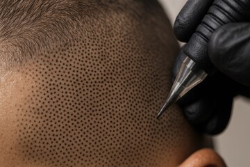 Scalp micropigmentation procedure showing detailed close-up technique on the scalp