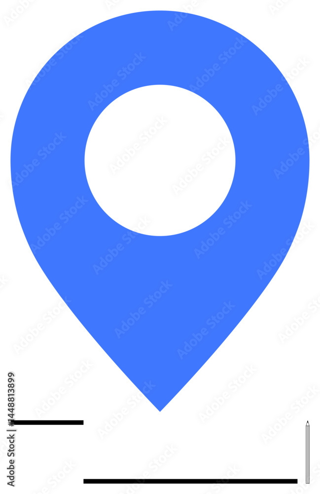 Poster large blue map pin as central element accompanied by simple black lines for emphasis and space. idea