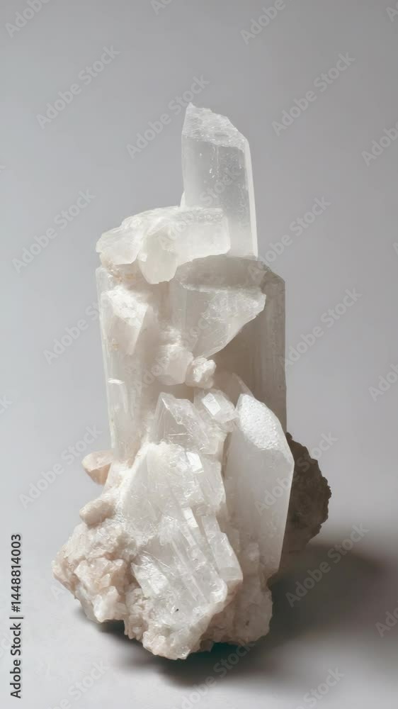Poster close-up view of a large translucent white crystal cluster with multiple pointed formations on a roc