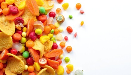 Pile of colorful candy, chips, and soda on white , artificial colors, fast food, vibrant