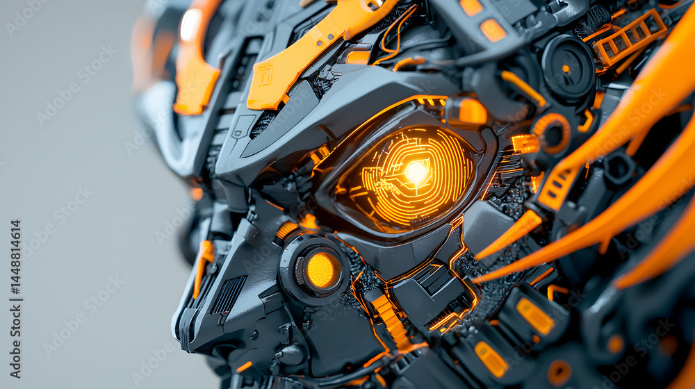 Poster a close-up view of a futuristic robot head featuring glowing eyes and intricate mechanical details. 