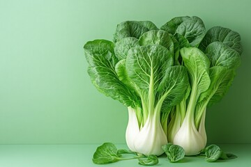 Fresh bok choy bunches arranged on a matching green surface with scattered leaves