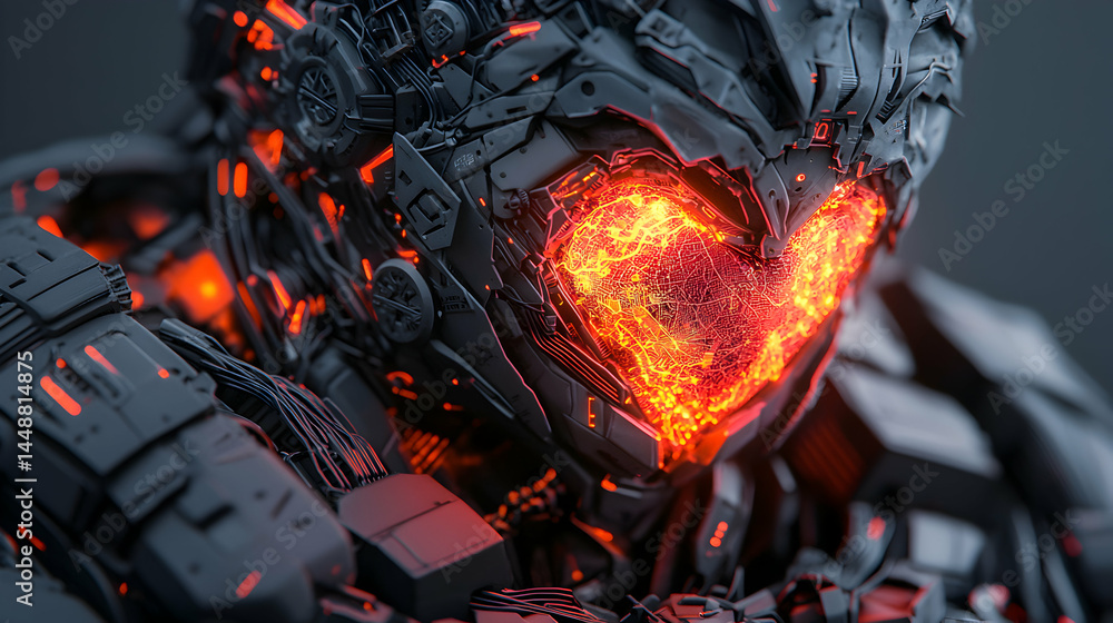 Aufkleber a robotic figure with a glowing heart-shaped core. it suggests themes of advanced technology artific