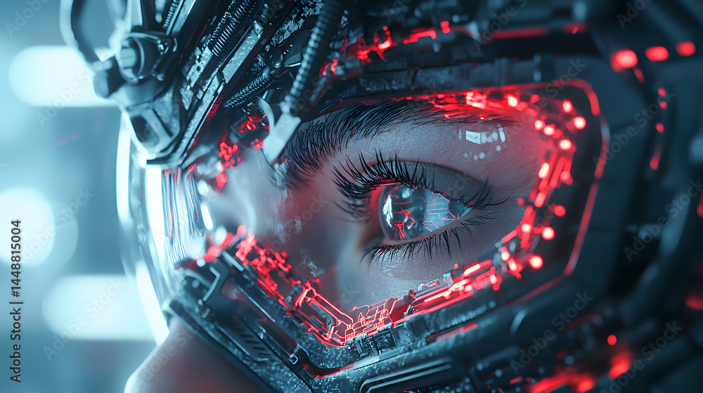 Aufkleber cybernetic eye close-up with intricate red circuits. implies advanced technology and ai possibly for