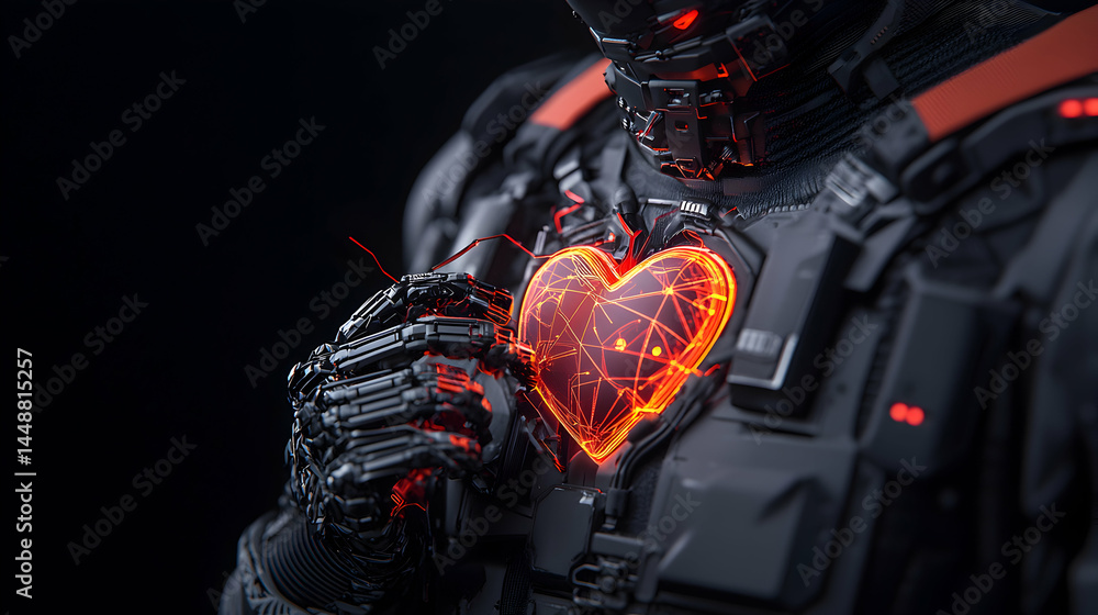 Poster futuristic cyborg concept with a glowing heart a symbol of artificial intelligence and emotional dep