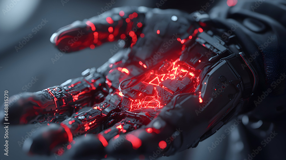 Poster this image showcases a futuristic robotic hand glowing with red light. the hand is detailed represen