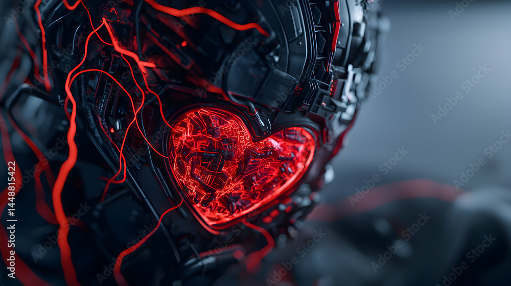Poster a cyberpunk-inspired image of a robotic head with a glowing heart. use this art as a profile picture