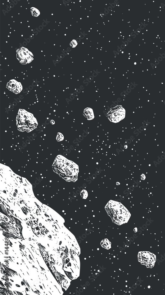 Aufkleber black and white illustration of asteroids floating in outer space with a starry background