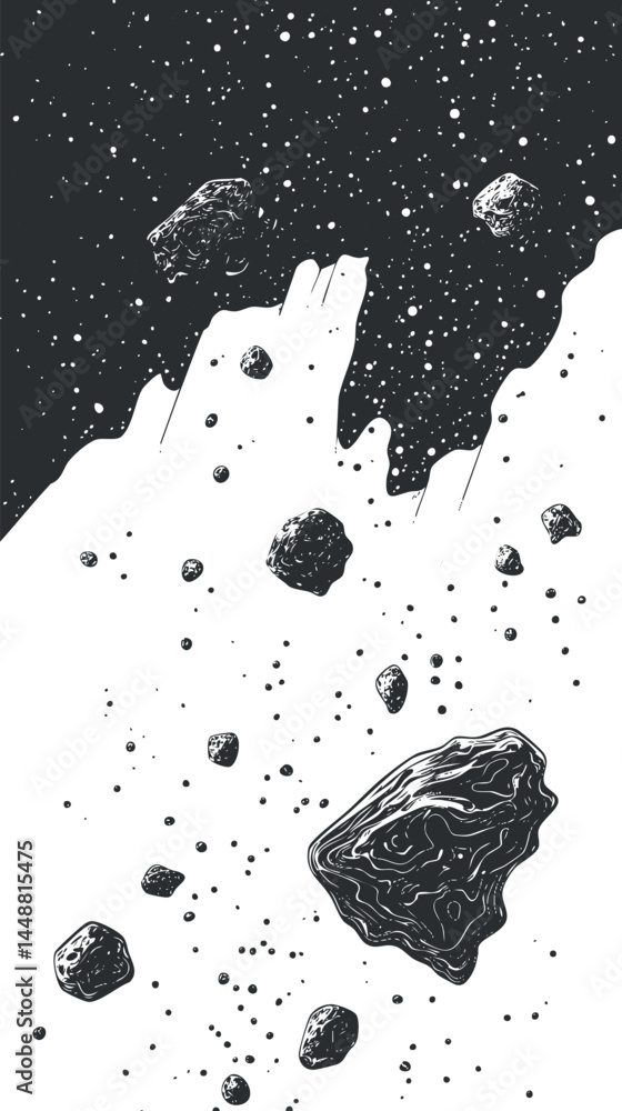 Aufkleber black and white illustration of asteroids floating in outer space with starry background