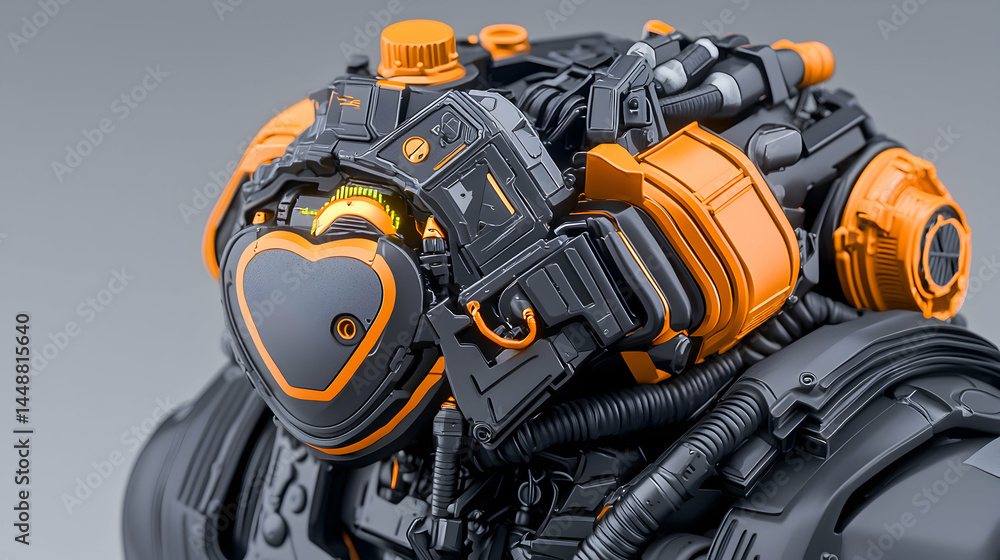 Poster a futuristic robotic head design with a heart-shaped element detailed in orange and black colors. su