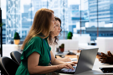 Plakat Team of HR professionals reviewing candidate CV, asking questions about qualifications. Person getting hired by headhunting coworkers after proving skills for financial business company job