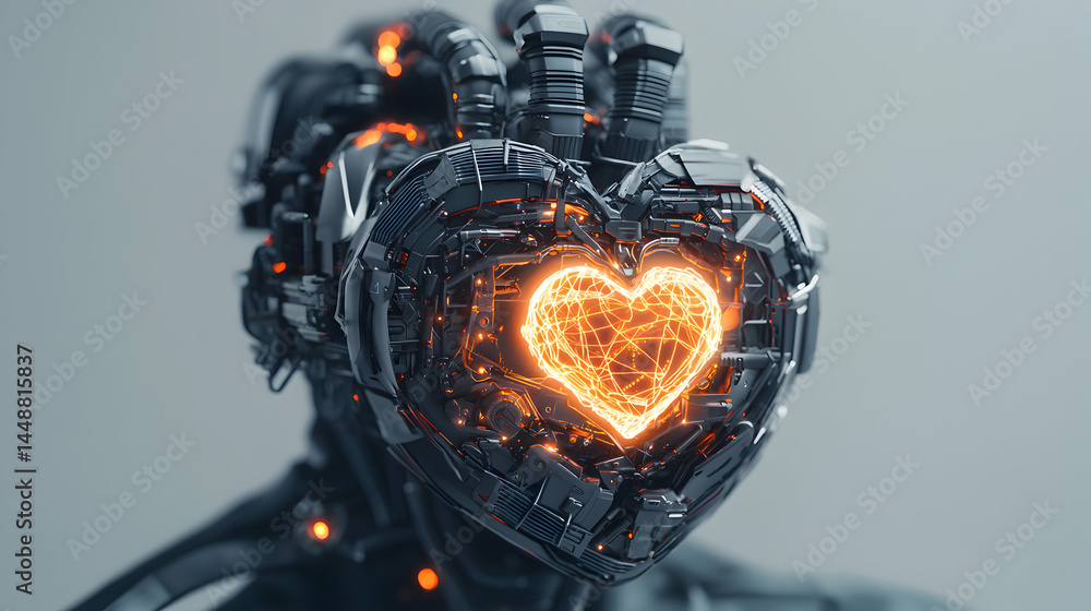 Poster a futuristic cyborg heart glows with an internal light. this image is perfect for sci-fi or technolo