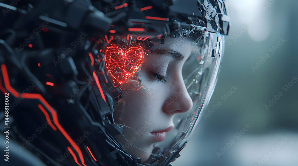 Poster a futuristic image depicting a person with a cybernetic helmet. a glowing heart is visible through t