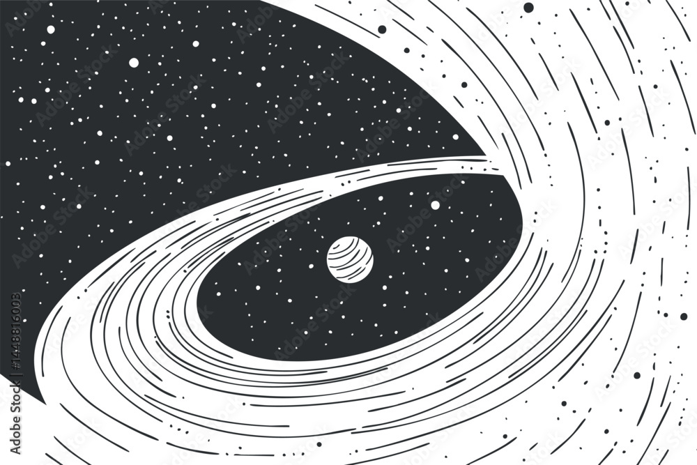 Poster black and white abstract illustration of a planet orbiting in space surrounded by stars and swirling