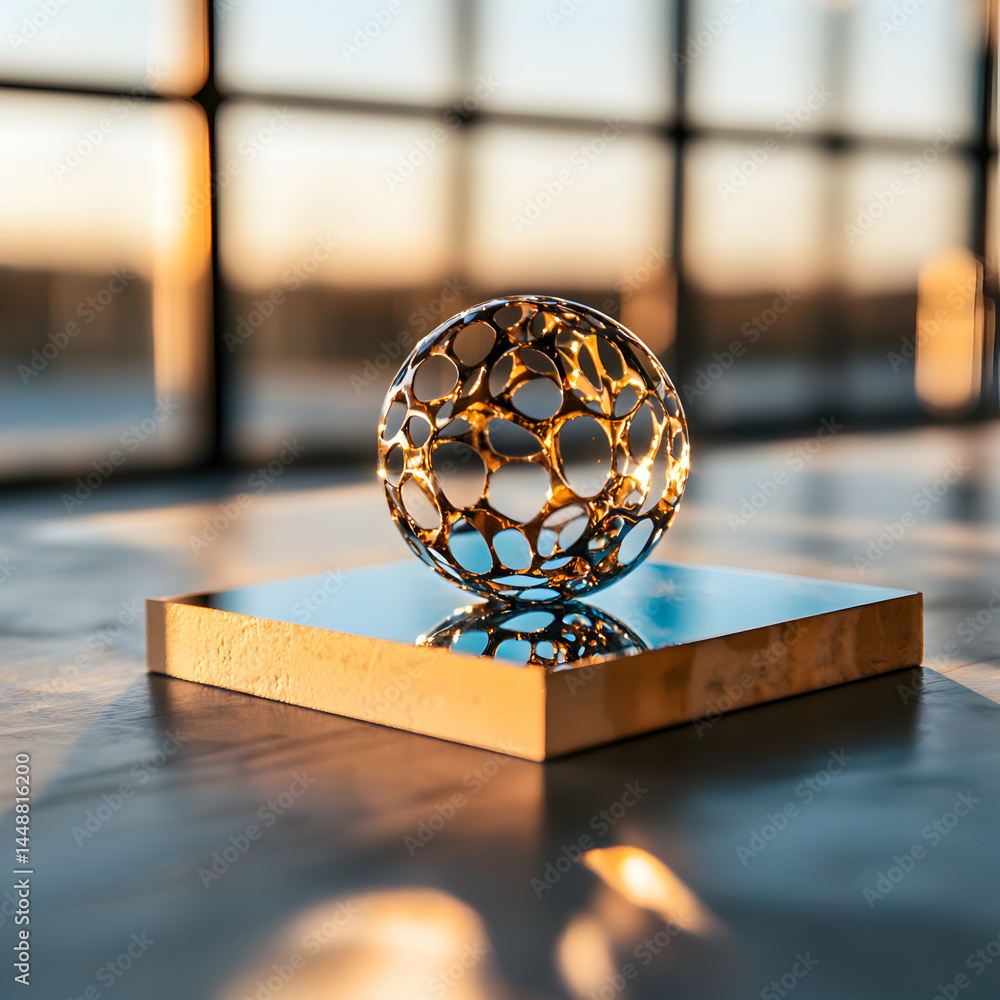 Poster an artistic golden sphere rests on a reflective platform. the image captures an abstract form with l