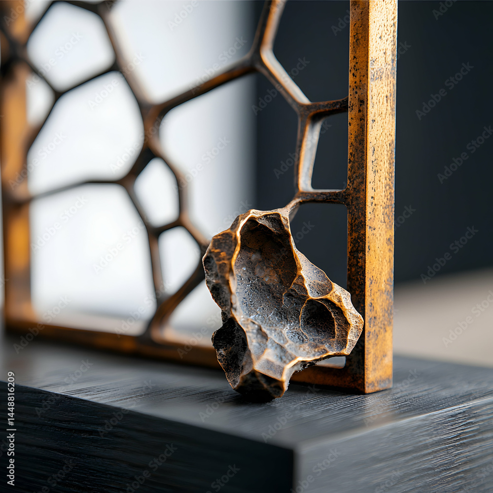 Poster a rustic sculpture with a textured surface displayed against a geometric metal frame perfect for mod