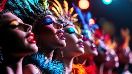 A group of drag performers backstage, vibrant costumes, dramatic lighting, behind-the-scenes energy