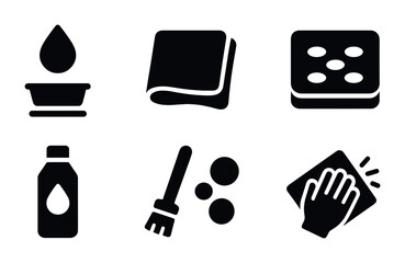 Cleaning and hygiene solid icons set – flat style sanitation, maintenance, and home care symbols for cleanliness: water drop, cloth, sponge, bottle, brush, hand scrubbing.