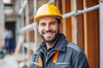 Ein lächelnder Bauarbeiter mit Schutzhelm vor Baustelle