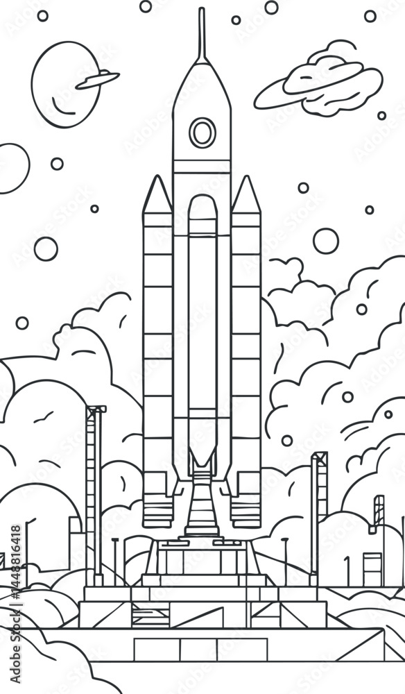 Poster line drawing of a rocket on a launch pad preparing for liftoff with clouds and planets in the sky