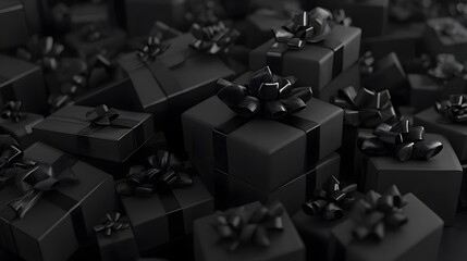 Elegant Black Gift Boxes with Bows Pile, Luxury Presents Background