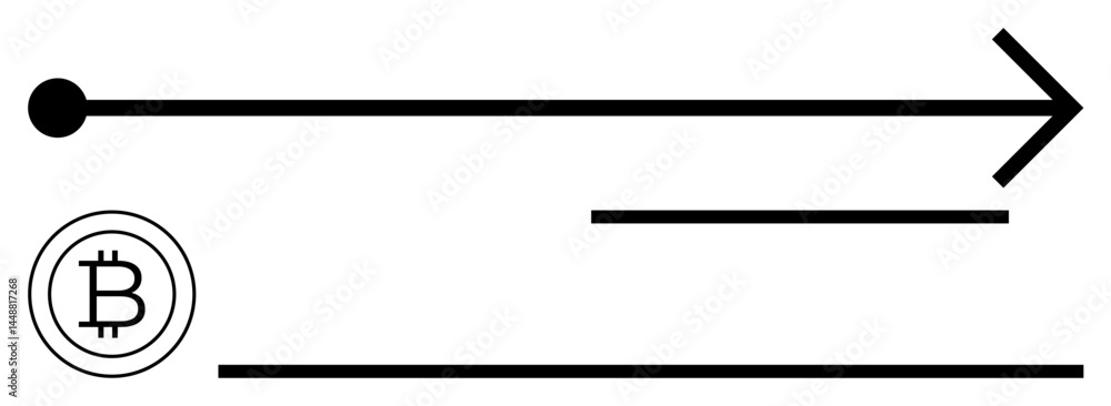 Poster bitcoin symbol next to a straight line ending in a forward arrow, representing cryptocurrency transa