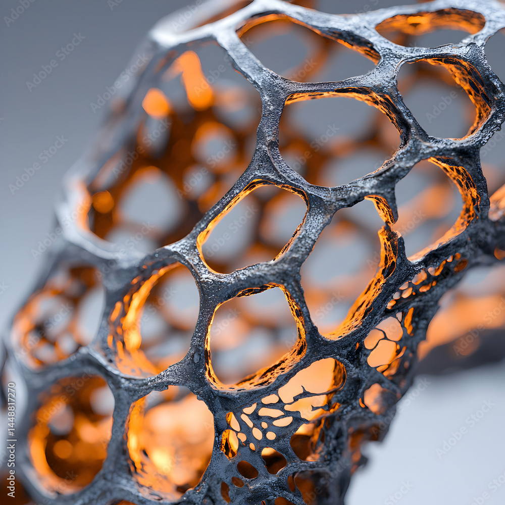 Poster intricate metallic structure with a glowing interior. suggests advanced design possibly for architec