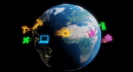 Global connectivity concept featuring Earth with colorful digital icons