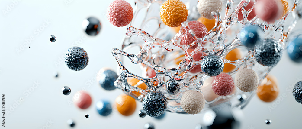 Poster abstract image of colorful spheres and fluid structures. great for scientific medical or tech presen